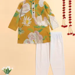 The Magic Wand Cotton Woven Full Sleeves Floral Printed Lace Detailed Kurta Pyjama Set - Mustard-picture-14