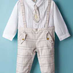 ToffyHouse Cotton Knit Full Sleeves Dungaree Style Party Rompers with Checks & Attached Tie - White & Beige-picture-18