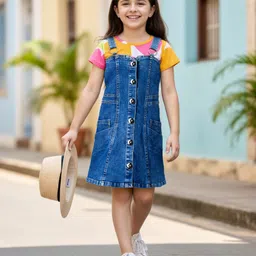Ollington St. Cotton Half Sleeves Printed Top & Denim Pinafore - Multicolor & Blue-picture-19