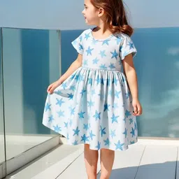 Bolly Lounge Cotton Blend Woven Half Sleeves Star Printed Dress - Sky Blue-picture-12