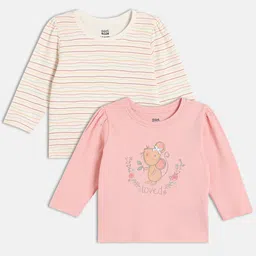 MINI KLUB Cotton Knit Pack Of 2 Full Sleeves Striped & Floral Printed Tops - Pink & White-picture-38