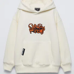 ALAN JONES Cotton Blend Knit Full Sleeves Casual Funday Text Embroidered Light Winter Oversized Hoodie - Ecru-picture-38