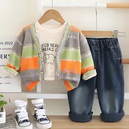 Googo Gaaga Cotton Knit Full Sleeves Rugby Striped Sweater With Jeans & Inner Tee Set - Multi Colour-picture-18
