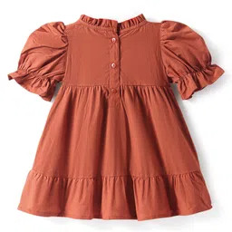 Babyoye Cotton Woven Puffed Sleeves Frock with Frill Detailing & Embroidery - Rust Orange image 2