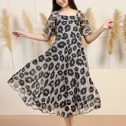 BAESD Girls Floral Printed Puff Sleeve Chiffon Fit & Flare Midi Dress-picture-31