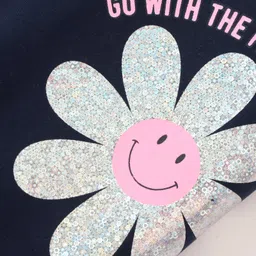 Little Kangaroos Lycra Woven Full Length Leggings With Floral Foil Print - Navy Blue image 3