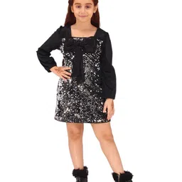Cutecumber Full Sleeves Bow Applique Detailed Sequins Embellished Dress - Black image 5