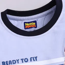 Nottie Planet Cotton Knit Full Sleeves Ready to Fly Text Printed Tee & Pant Set - Blue image 5