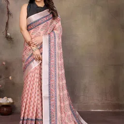 Snofi Creation Women Pure Linen Floral Printed Zari Block Print Saree-image-61