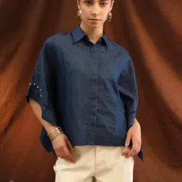 KAZO Blue Embellished Denim Shirt-image-3