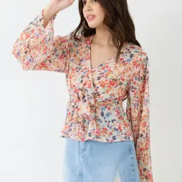 Globus Women Multicolour Georgette Floral Print V-Neck Wrap Waist Tie-up Flared Sleeves Peplum Top-picture-34