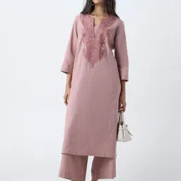 Utsa by Westside Dusty Pink Floral Embroidered A-Line Cotton Kurta image 1