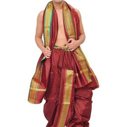 Exotic India Men Art Silk Ready to Wear Dhoti and Veshti Set with Woven Golden Border-picture-23