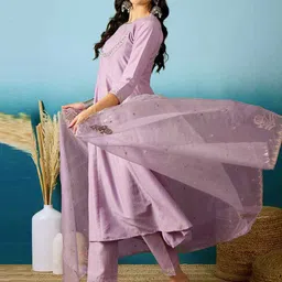 KALINI Floral Embroidered Round Neck Thread Work Kurta With Trousers & Dupatta image 2