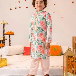 Pspeaches Full Sleeves Seamless Watercolour Effect Roses & Leaves Printed Kurta With Pyjama - Peach-picture-21
