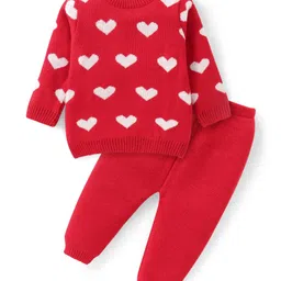 Babyhug Knitted Full Sleeves Heart Designed Pullover Sweater Set - Red-picture-21