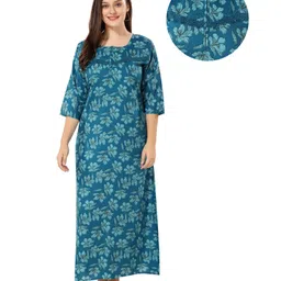 Piu Cotton Three Fourth Sleeves Floral Printed & Lace Embellished Nighty With Nursing Access - Blue-image-41