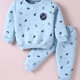 Simply Knit Full Sleeves Winter T-Shirt & Bottom Set With Space Theme Print - Light Blue-picture-35