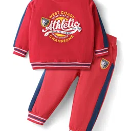 Babyhug Terry Knit Full Sleeves Text Printed T-Shirt & Joggers Set - Red & Blue-picture-30