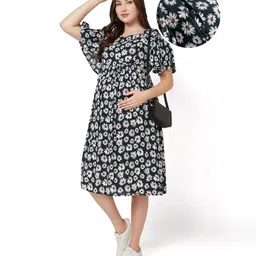 Bella Mama Women Half Flared Sleeves Maternity Dress With Floral Print - Black-picture-32