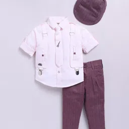 LITTLE COLLARS Blended Full Sleeves Solid Shirt With Attached Suspender Pant Cap & Tie Set - Wine-image-34