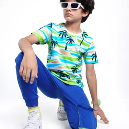 OLLINGTON ST. Cotton Knit Half Sleeves Beach Theme Print T-Shirt & Knit Joggers - White & Blue-picture-19