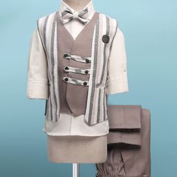 Rikidoos Cotton Woven Full Sleeves Striped 3 Piece Party Suit Set With Bow - White & Beige-picture-3