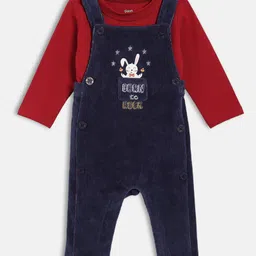 MINI KLUB Cotton Knit Bunny Printed Dungaree With Full Sleeves Tee - Navy Blue & Maroon-picture-13