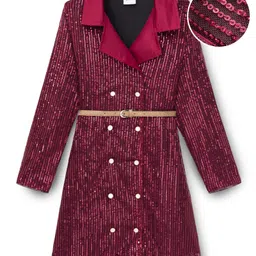 Hola Bonita Knit Full Sleeves Party Wear Sequin Dress with Belt - Maroon-picture-11