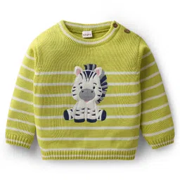 Babyhug Knitted Full Sleeves Striped Pullover Sweater Set with Zebra Embroidery & Cap - Limegreen image 2