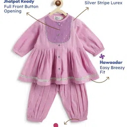 Tiber Taber Cotton Lurex Woven Three Fourth Sleeves Foil Striped & Gota Lace Embellished Kurti Salwar Set - Purple image 4