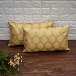 RoyalDeco Beige & Gold-Toned Set of 2 Ethnic Motifs Rectangle Cushion Covers-image-86