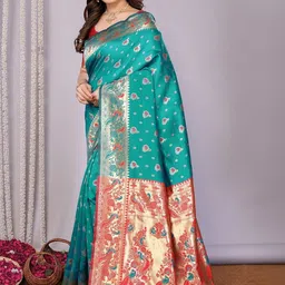 WOVENSTOCK Woven Design Zari Kanjeevaram Saree With Unstitched Blouse Piece image 2
