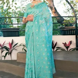 Satrani Blue Woven Saree With Unstitched Blouse-image-90
