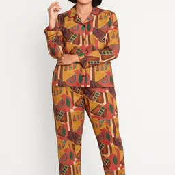 GAB Women Abstract Printed Lapel Collar Shirt With Pyajamas-picture-16