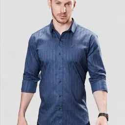 Almaty Blue Cotton Slim Fit Striped Shirt-image-2