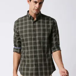 Dragon Hill Olive Slim Fit Check Shirt-image-3