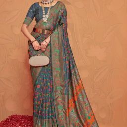 Satrani Grey Printed Saree With Unstitched Blouse-picture-45