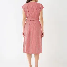 Globus Women Red Round Neck Extended Sleeves Striped Gathered A-Line Midi Dress With Belt image 2