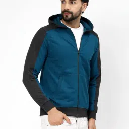 Kalt Turquoise Regular Fit Colorblock Hooded Sweatshirt image 3