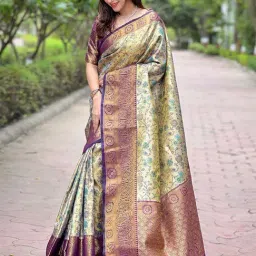 Odette Beige & Purple Woven Saree With Blouse-image-12