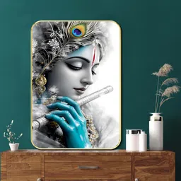 saf Radha Krishna Flute Wall Decor | Black & White Divine Portrait & Peacock Feather Digital Reprint 19.5 inch x 13.5 inch Painting-picture-34