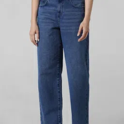 Only Dark Blue Cotton Straight Fit High Rise Jeans-picture-40