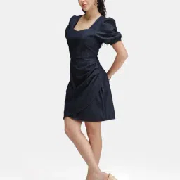 VIRGIO Blue Flared Fit Solid Dress image 4