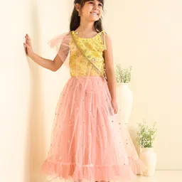 Babyhug Sleeveless Embroidered Choli Lehenga and Dupatta Set with Sequins - Yellow Peach-picture-17