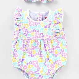 Babyhug 100% Cotton Sleeveless Onesie with Head Band Abstract Print - Multicolour-image-23
