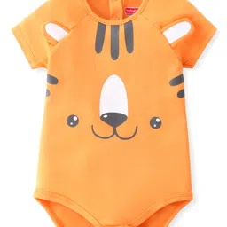 Babyhug 100% Cotton Knit Halt Raglan Sleeves Bear Face Printed Onesie - Orange image 1