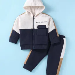 Pepito Knit Full Sleeves Hooded Fleece Winter Wear Suit with Text Embroidery - Navy Blue & White-picture-18