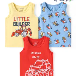 Babyoye Cotton Elastane Knit Sleeveless Vests with Vehicle & Text Print Pack Of 3 - Red Blue & Yellow image 1