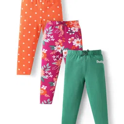Babyhug Cotton Knit Full Length Polka Dots & Floral Printed Leggings Pack of 3 - Dark Pink Orange & Green-picture-26
